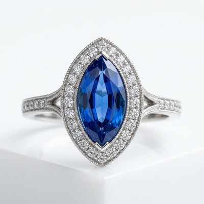 Sapphire Marquise Halo Ring media 1